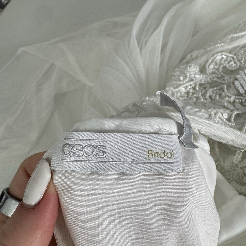 ASOS Bridal Elizabeth Long Sleeve Wedding Dress Womens 8 White Beaded Tulle Gown - Picture 7 of 14